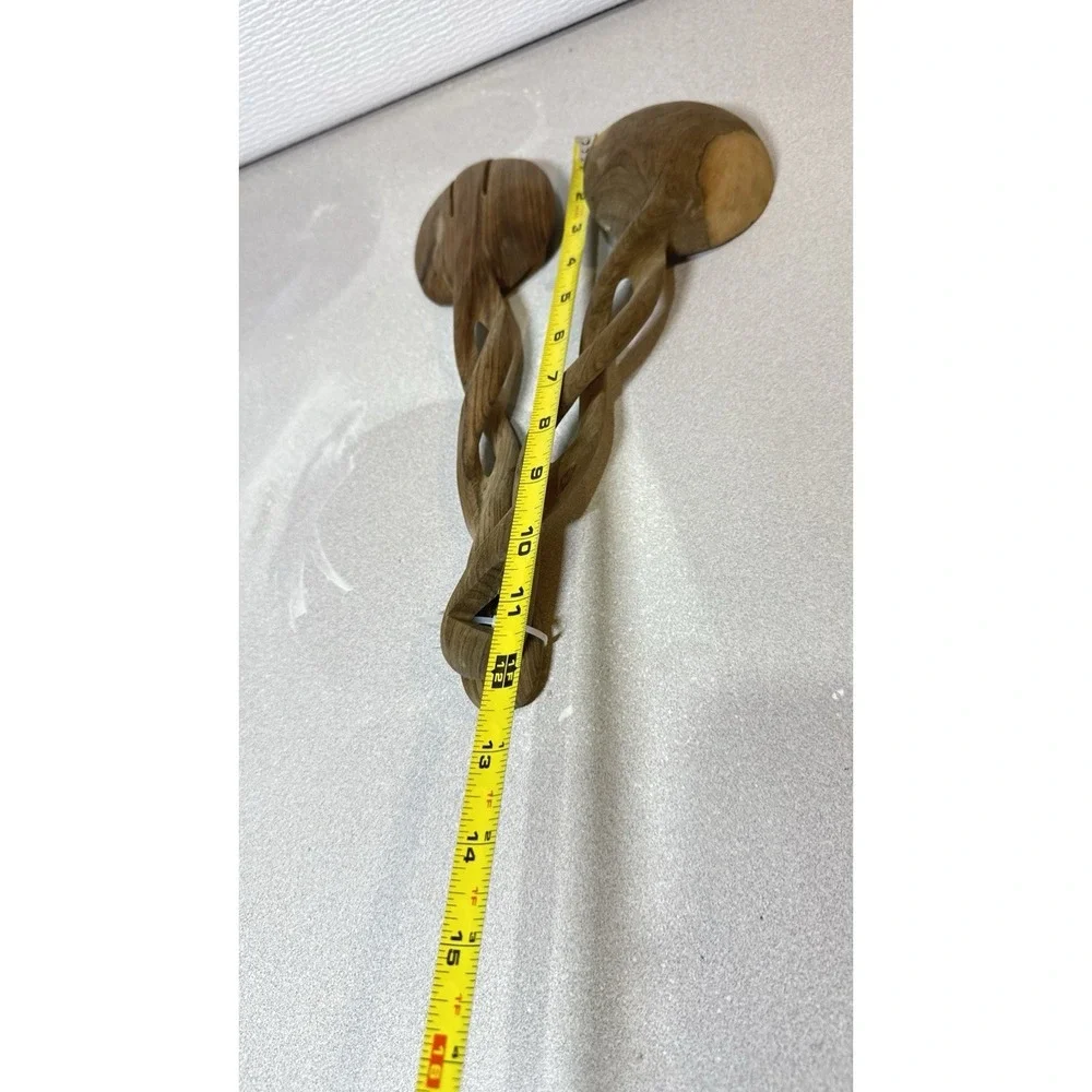 Vintage Teak Wood Salad Serving Fork Spoon‎ Carved Twisted Handles Utensils Used
